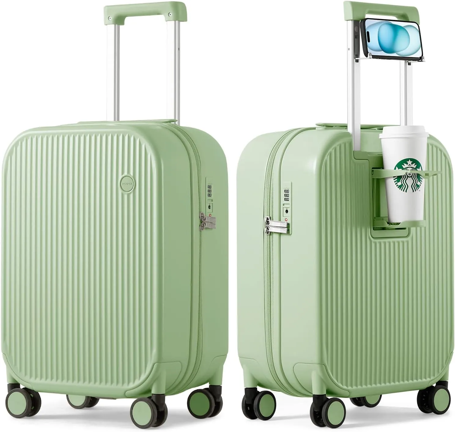 mixi Carry On Luggage with Cup Phone Holder Hard Shell Rolling Travel Suitcases with Spinner Wheels,20 Inch Avocado Green