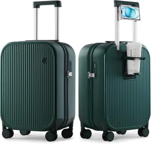 mixi Carry On Luggage with Cup Phone Holder Hard Shell Rolling Travel Suitcases with Spinner Wheels,20 Inch Blackish Green