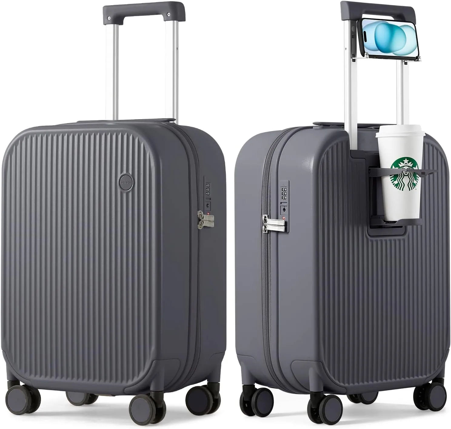mixi Carry On Luggage with Cup Phone Holder Hard Shell Rolling Travel Suitcases with Spinner Wheels,20 Inch Rock Grey