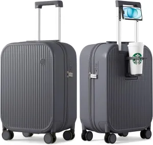 mixi Carry On Luggage with Cup Phone Holder Hard Shell Rolling Travel Suitcases with Spinner Wheels,20 Inch Rock Grey