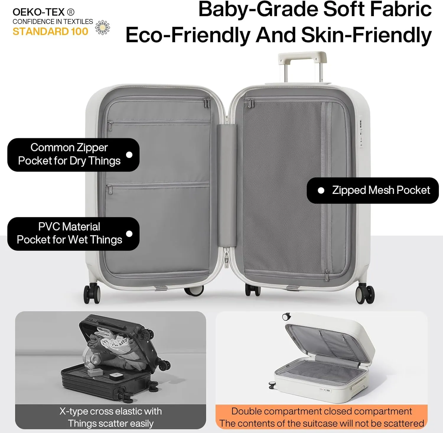 mixi Carry On Luggage with Cup Phone Holder Hard Shell Rolling Travel Suitcases with Spinner Wheels,20 Inch Smoke White