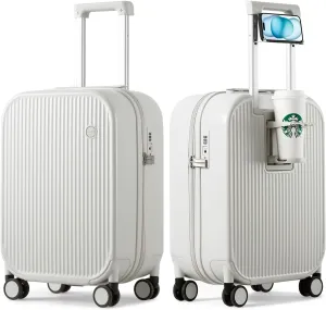 mixi Carry On Luggage with Cup Phone Holder Hard Shell Rolling Travel Suitcases with Spinner Wheels,20 Inch Smoke White