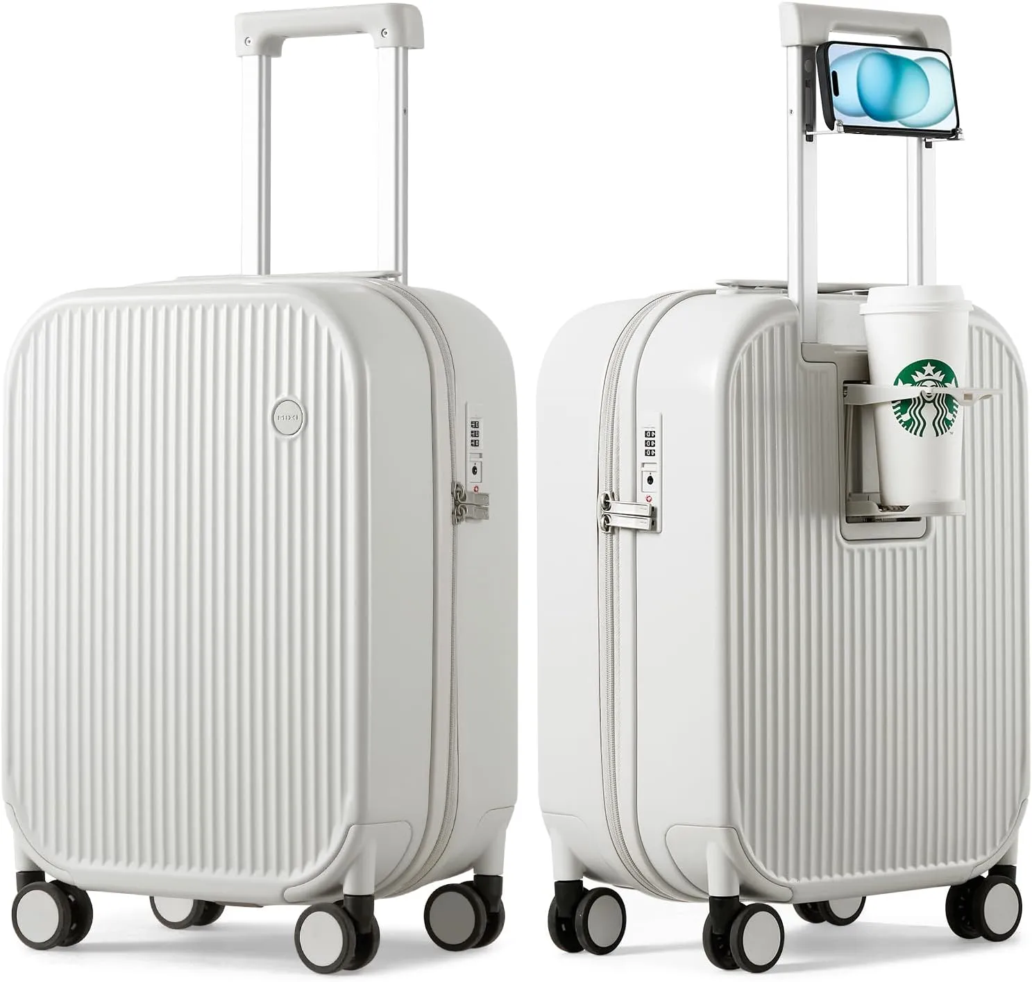 mixi Carry On Luggage with Cup Phone Holder Hard Shell Rolling Travel Suitcases with Spinner Wheels,20 Inch Smoke White