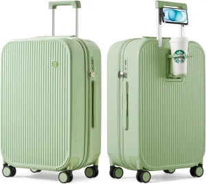 mixi Checked Luggage with Cup Phone Holder Hard Shell Rolling Travel Suitcases with Spinner Wheels,24 Inch Avocado Green