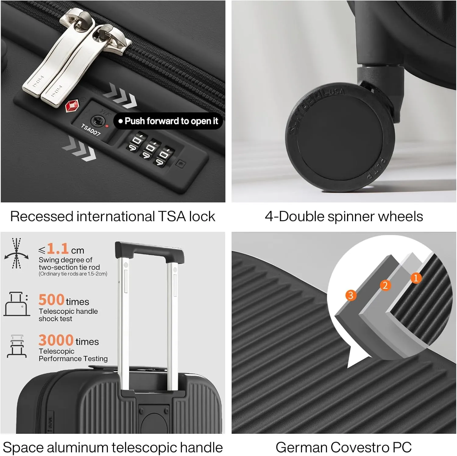mixi Checked Luggage with Cup Phone Holder Hard Shell Rolling Travel Suitcases with Spinner Wheels,24 Inch Black
