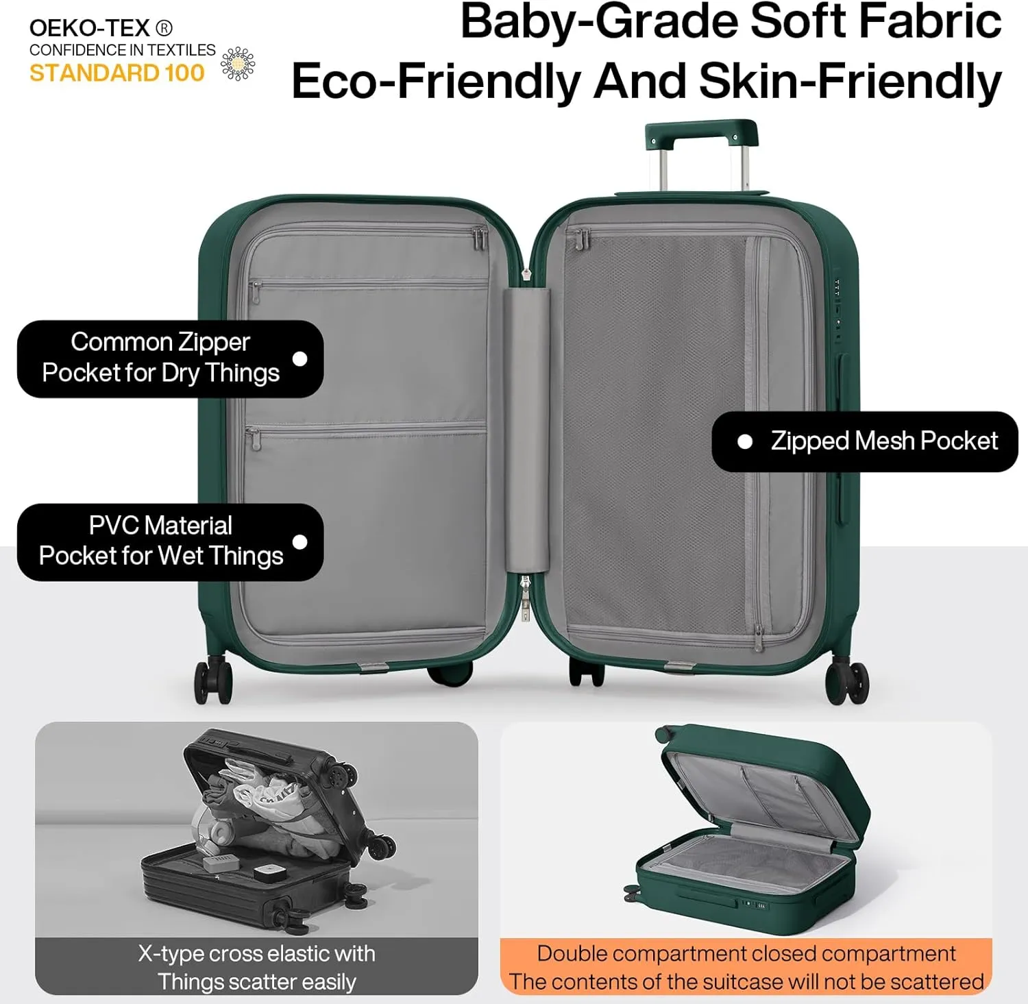mixi Checked Luggage with Cup Phone Holder Hard Shell Rolling Travel Suitcases with Spinner Wheels,24 Inch Blackish Green
