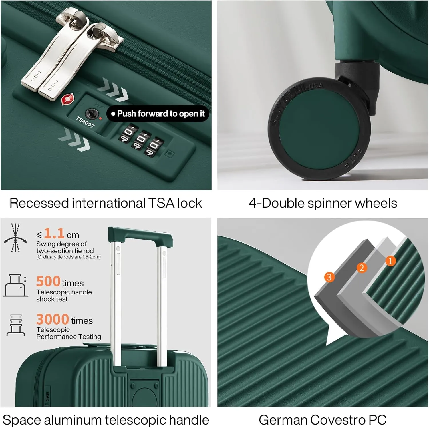mixi Checked Luggage with Cup Phone Holder Hard Shell Rolling Travel Suitcases with Spinner Wheels,24 Inch Blackish Green