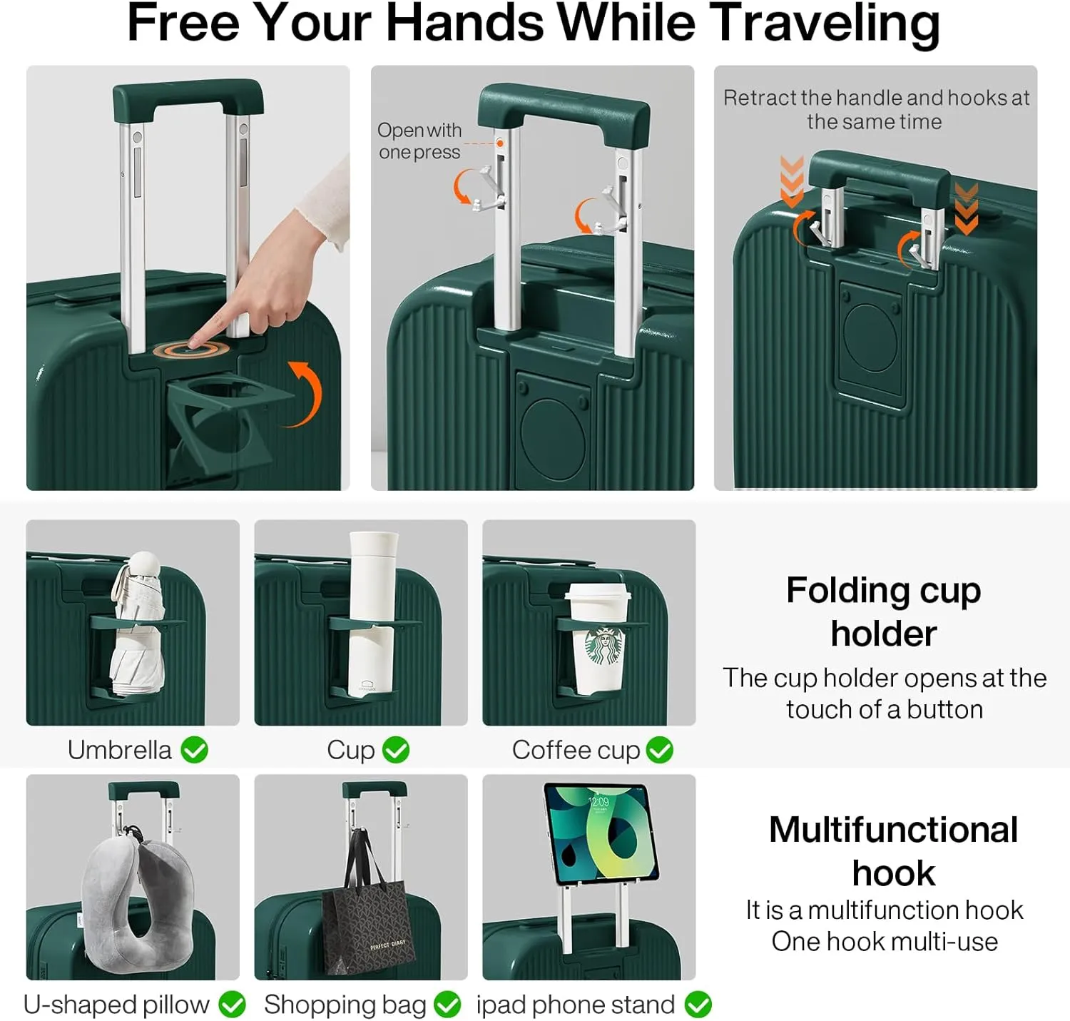 mixi Checked Luggage with Cup Phone Holder Hard Shell Rolling Travel Suitcases with Spinner Wheels,24 Inch Blackish Green
