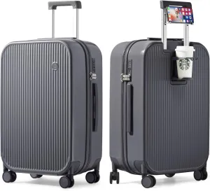 mixi Checked Luggage with Cup Phone Holder Hard Shell Rolling Travel Suitcases with Spinner Wheels,24 Inch Rock Grey