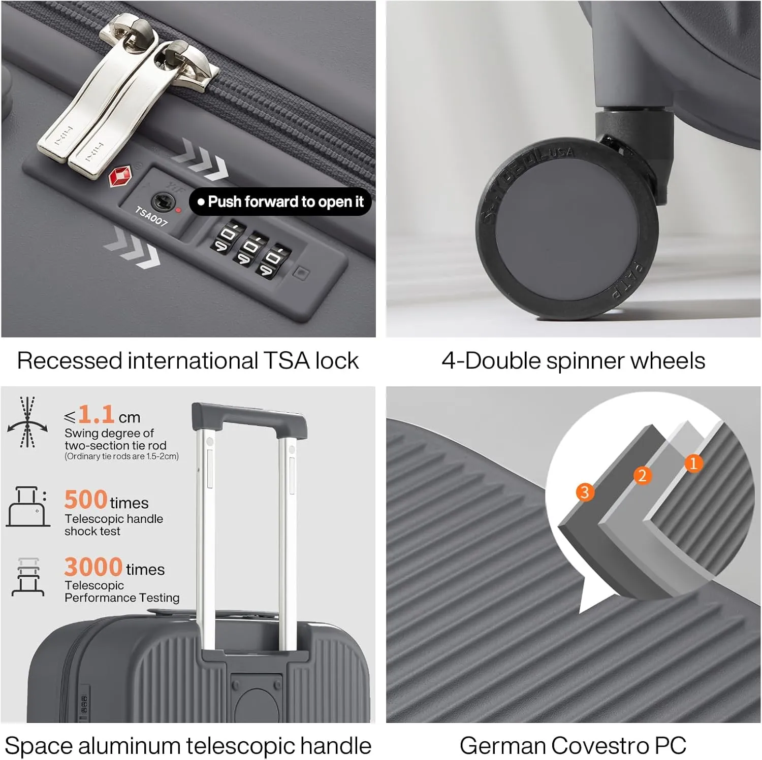 mixi Checked Luggage with Cup Phone Holder Hard Shell Rolling Travel Suitcases with Spinner Wheels,24 Inch Rock Grey