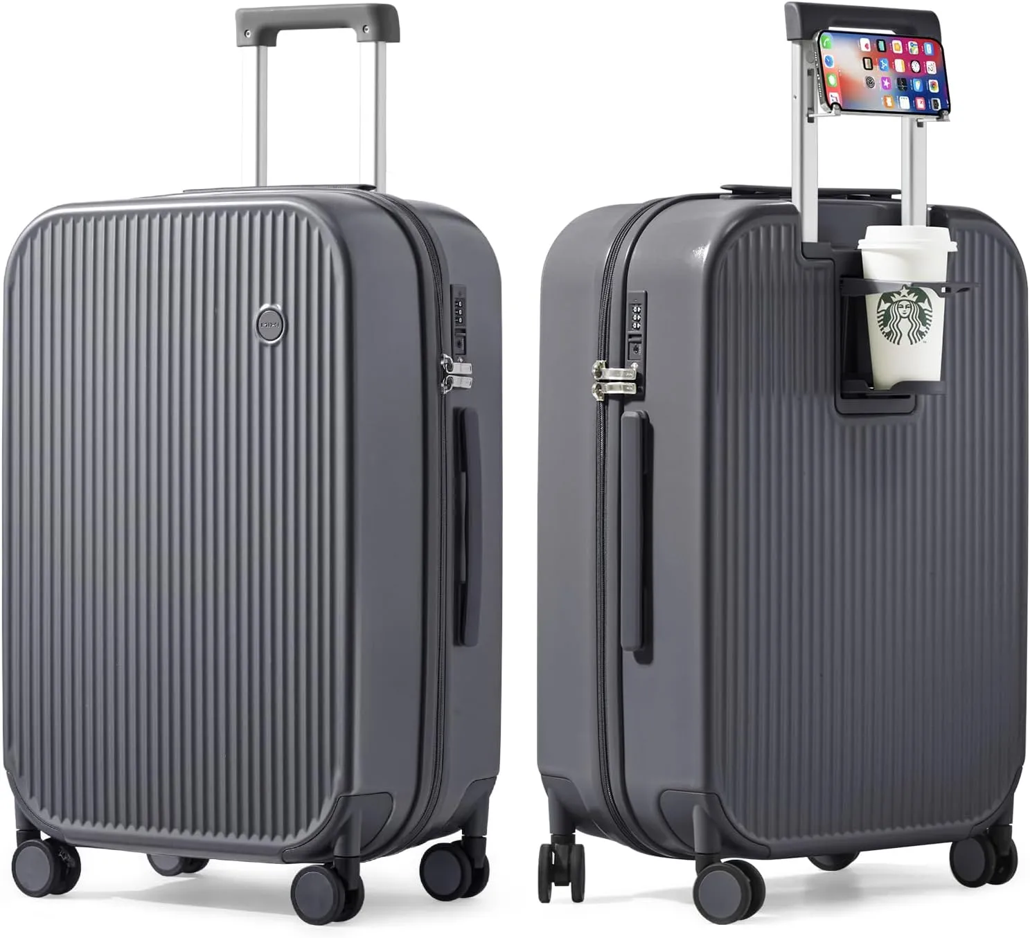 mixi Checked Luggage with Cup Phone Holder Hard Shell Rolling Travel Suitcases with Spinner Wheels,24 Inch Rock Grey