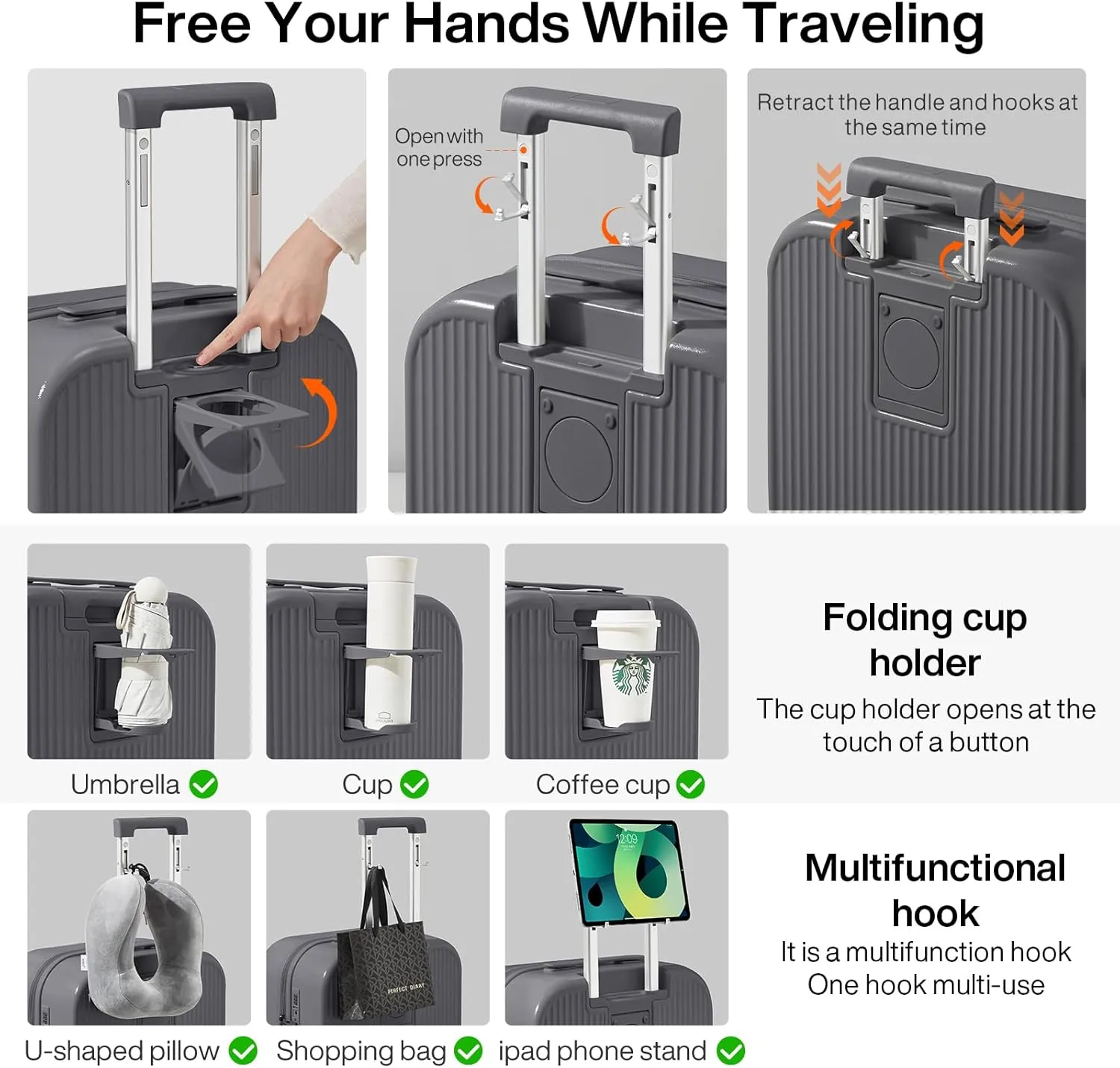 mixi Checked Luggage with Cup Phone Holder Hard Shell Rolling Travel Suitcases with Spinner Wheels,24 Inch Rock Grey