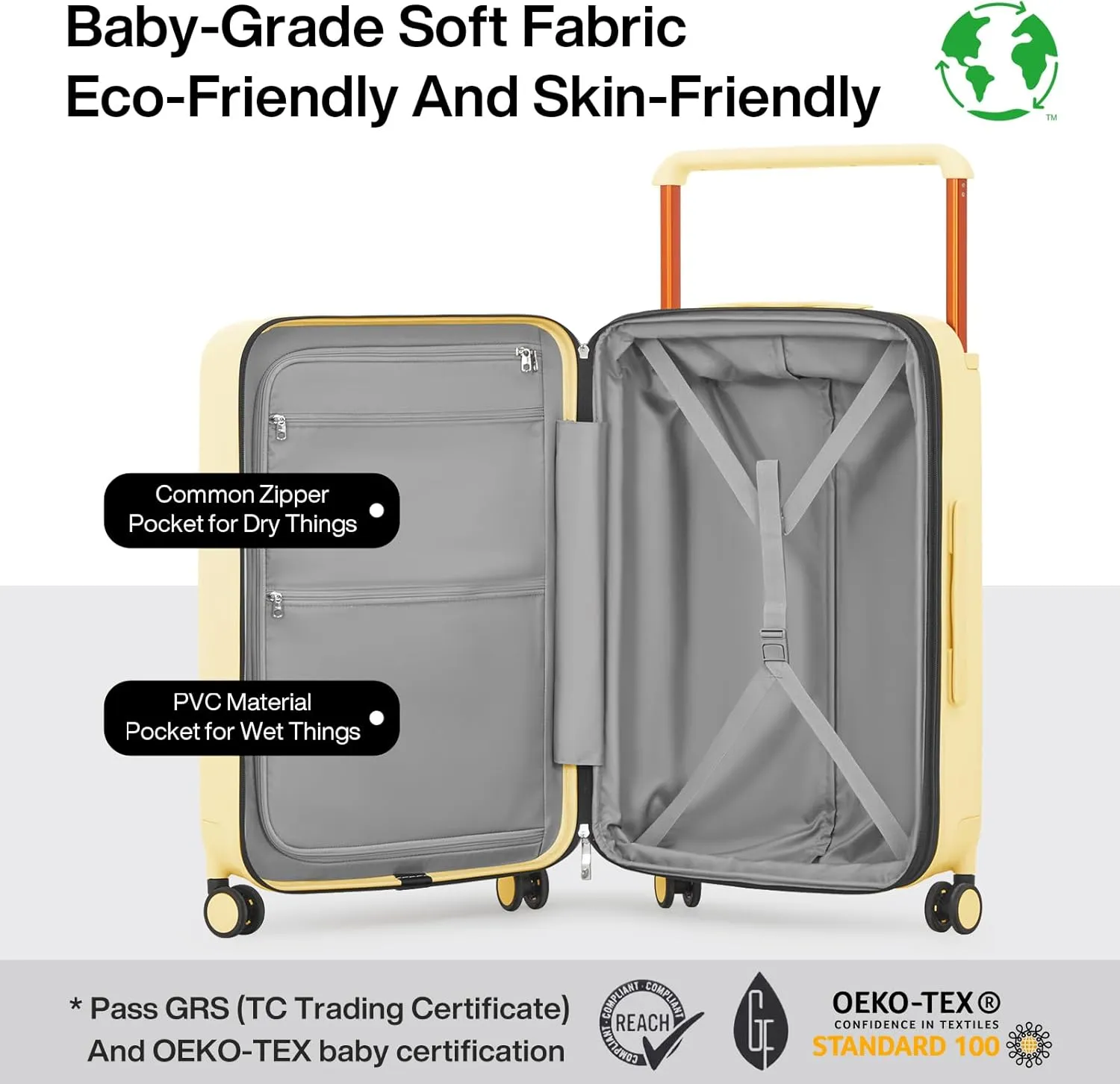 mixi Large Capacity Expandable Luggage Suitcases With Spinner Wheels,Upgrade Wide Handle PC Hardshell Rolling Travel Suitcase with TSA Lock, Checked-Medium 24-Inch, Lark Yellow