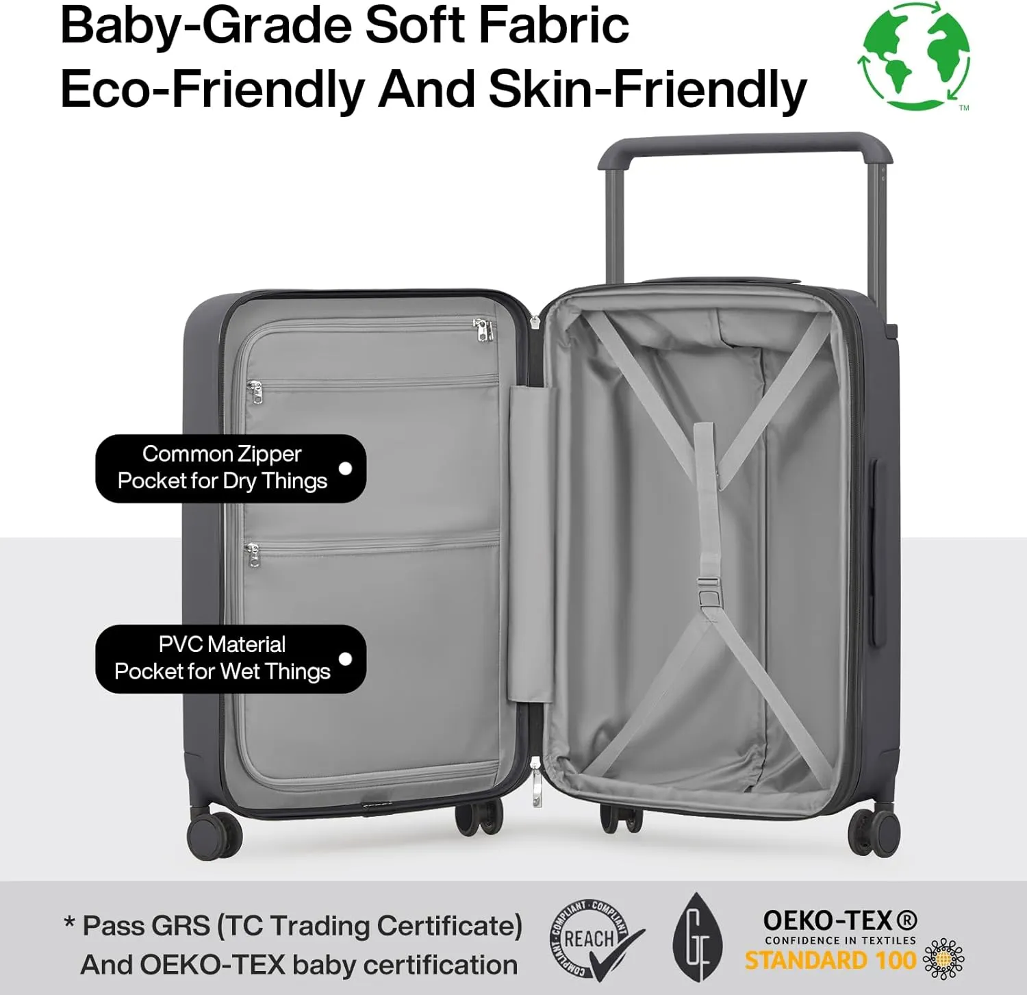 mixi Large Capacity Expandable Luggage Suitcases With Spinner Wheels,Upgrade Wide Handle PC Hardshell Rolling Travel Suitcase with TSA Lock, Checked-Medium 24-Inch, Rock Gray