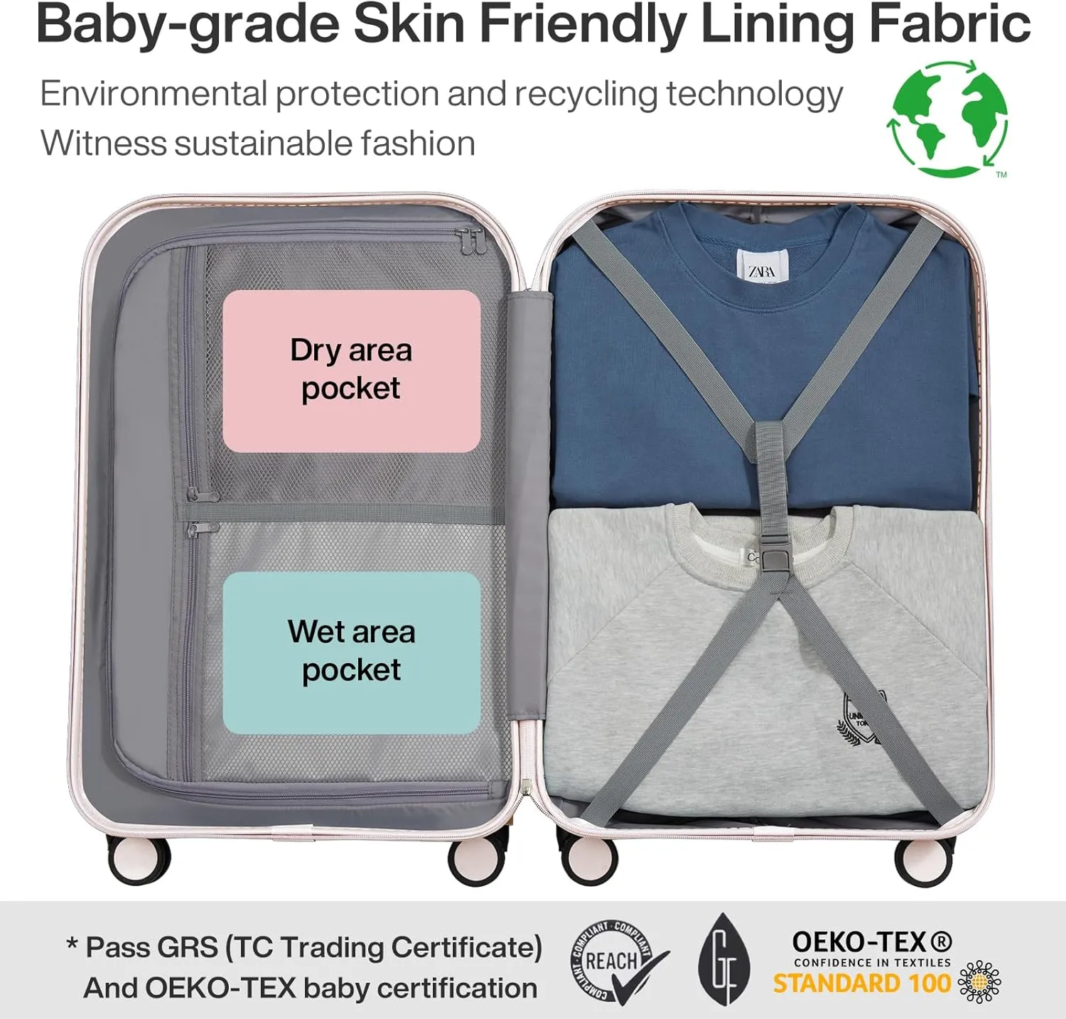 mixi Luggage Suitcase with Spinner Wheels, Hardside Rolling Suitcase PC with Cover & TSA Lock Lightweight Travel Case 24in Checked in, Off White（Slight Pink）