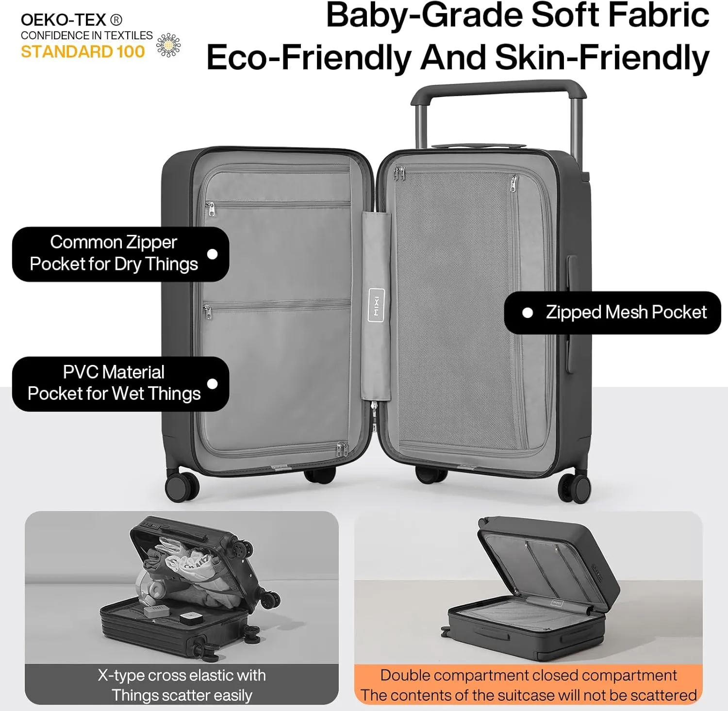 mixi Luggage Suitcases With Spinner Wheels,Upgrade Wide Handle PC Hardshell Rolling Travel Suitcase with TSA Lock, Checked-Medium 24-Inch, Rock Gray