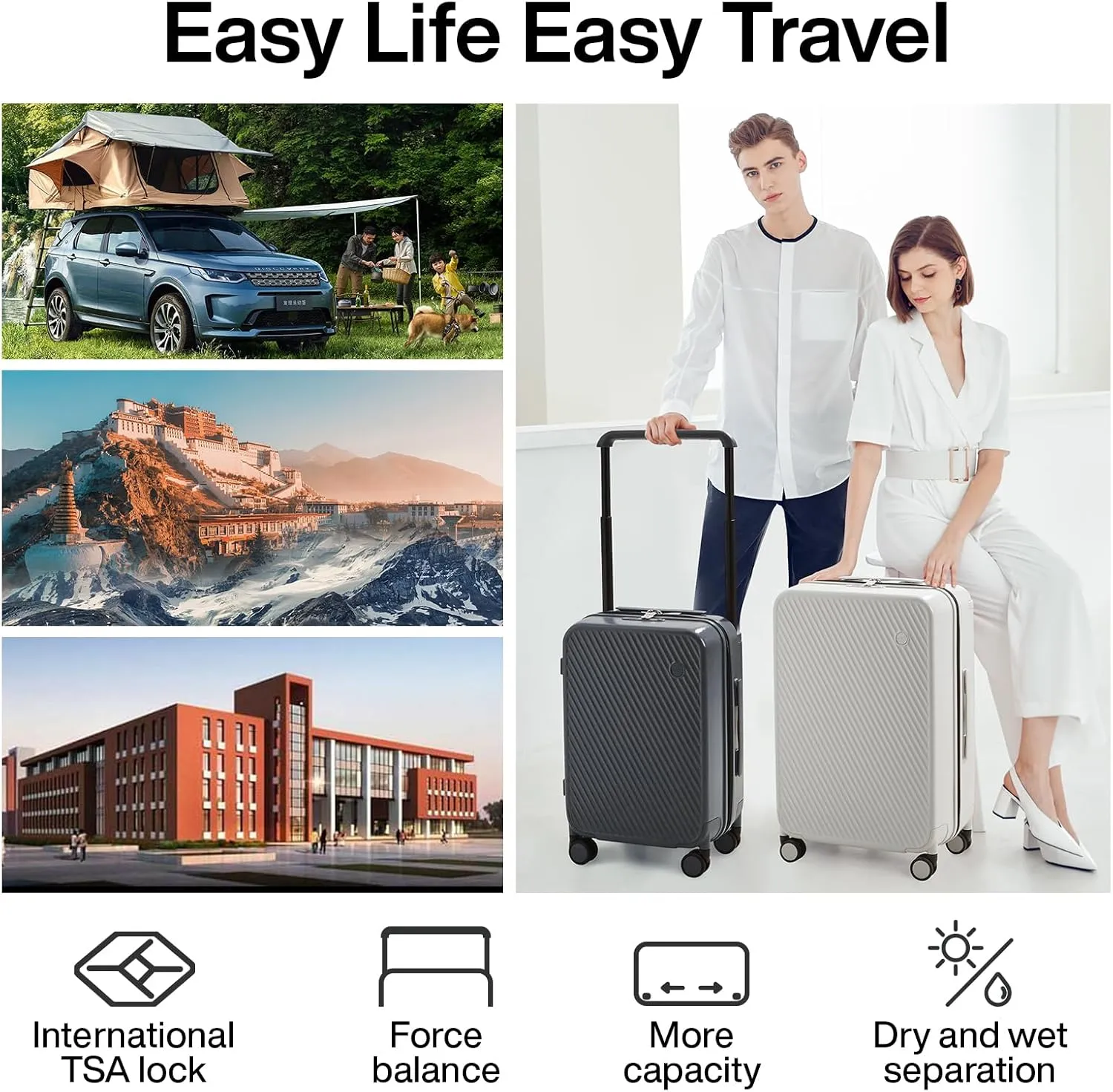 mixi Luggage Suitcases With Spinner Wheels,Upgrade Wide Handle PC Hardshell Rolling Travel Suitcase with TSA Lock, Checked-Medium 24-Inch, Rock Gray