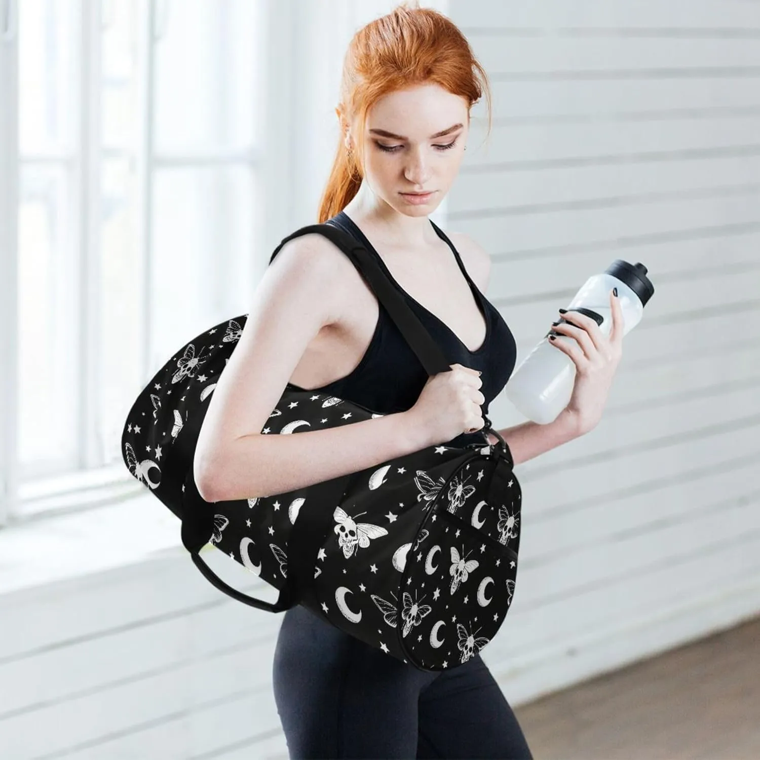 MNSRUU Sports Duffel Bags, Gothic Moth Moon Athletic Gym Bag Overnight Workout Travel Tote Luggage for Men Women Yoga