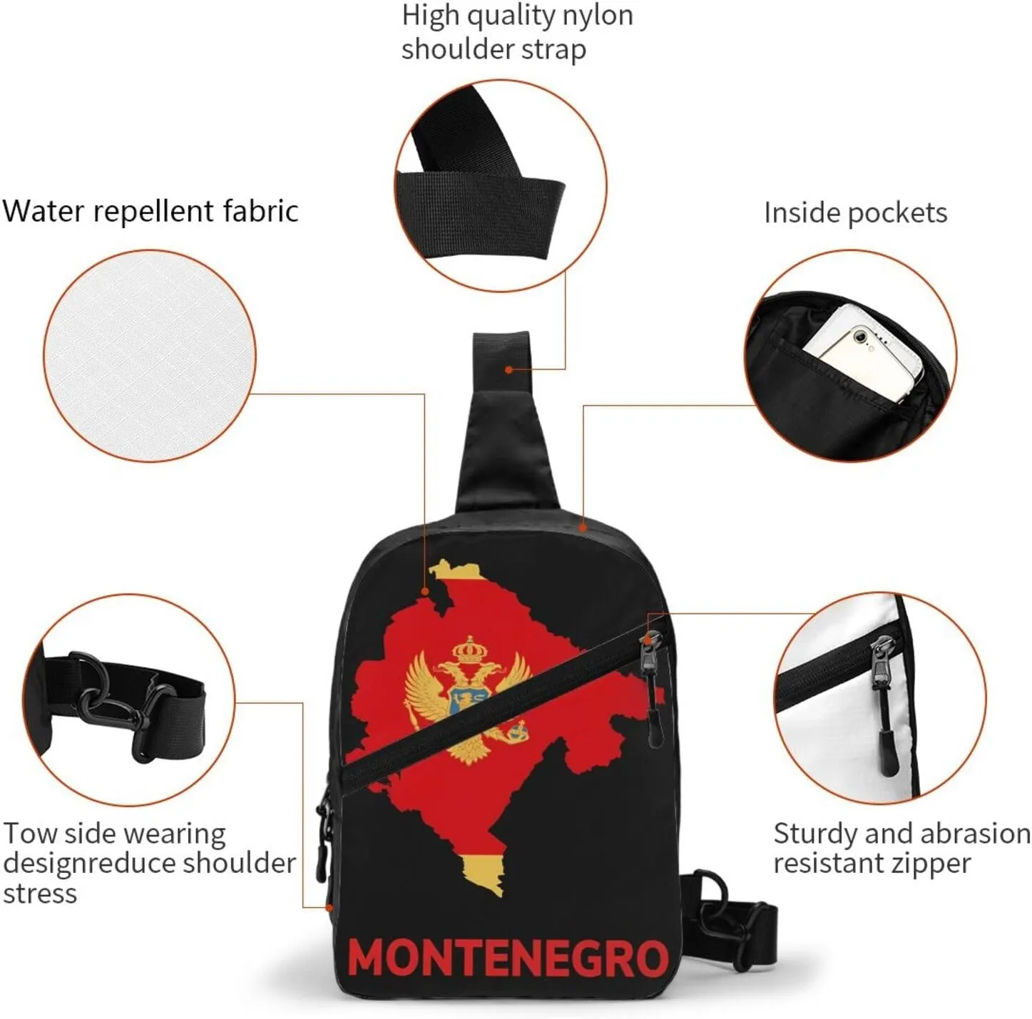 Montenegro Map Flag Packable Crossbody Bag Portable Sling Bags Foldable Travel Daypack Reusable Sports Shoulder Backpack Diagonally Chest Bag for Workout
