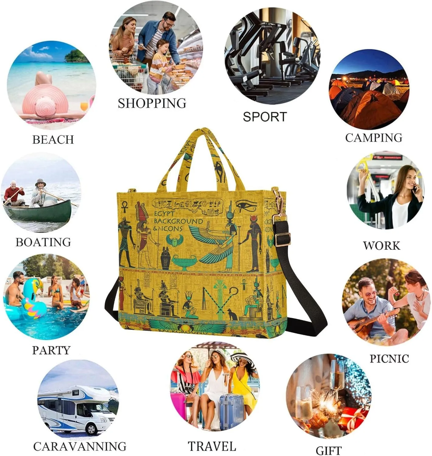 Naanle Stylish Ancient Egypt Hieroglyphics Large Crossbody Tote Bag for Work Beach Gym Shopping Grocery