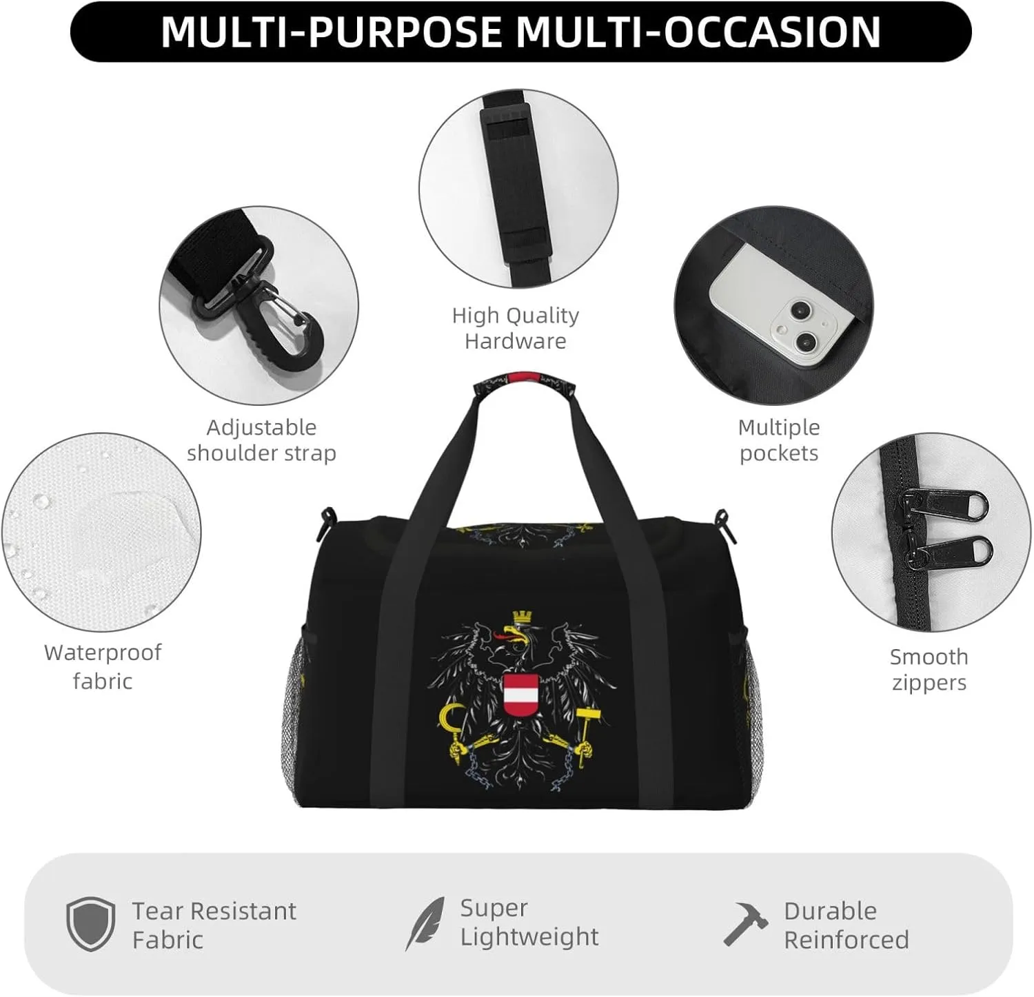 National Emblem Of Austria Travel Duffel Bag Large Foldable Waterproof Overnight Bag For Beach Swim Bags Pool Sports Gym