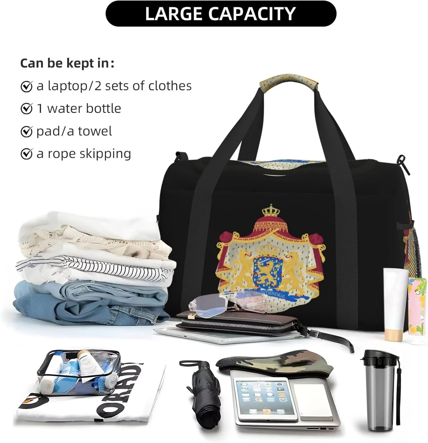National Emblem Of Dutch Travel Duffel Bag Large Foldable Waterproof Overnight Bag For Beach Swim Bags Pool Sports Gym