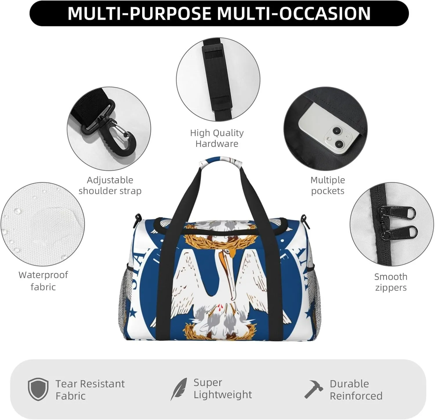 National Emblem Of Louisiana Travel Duffel Bag Large Foldable Waterproof Overnight Bag For Beach Swim Bags Pool Sports Gym