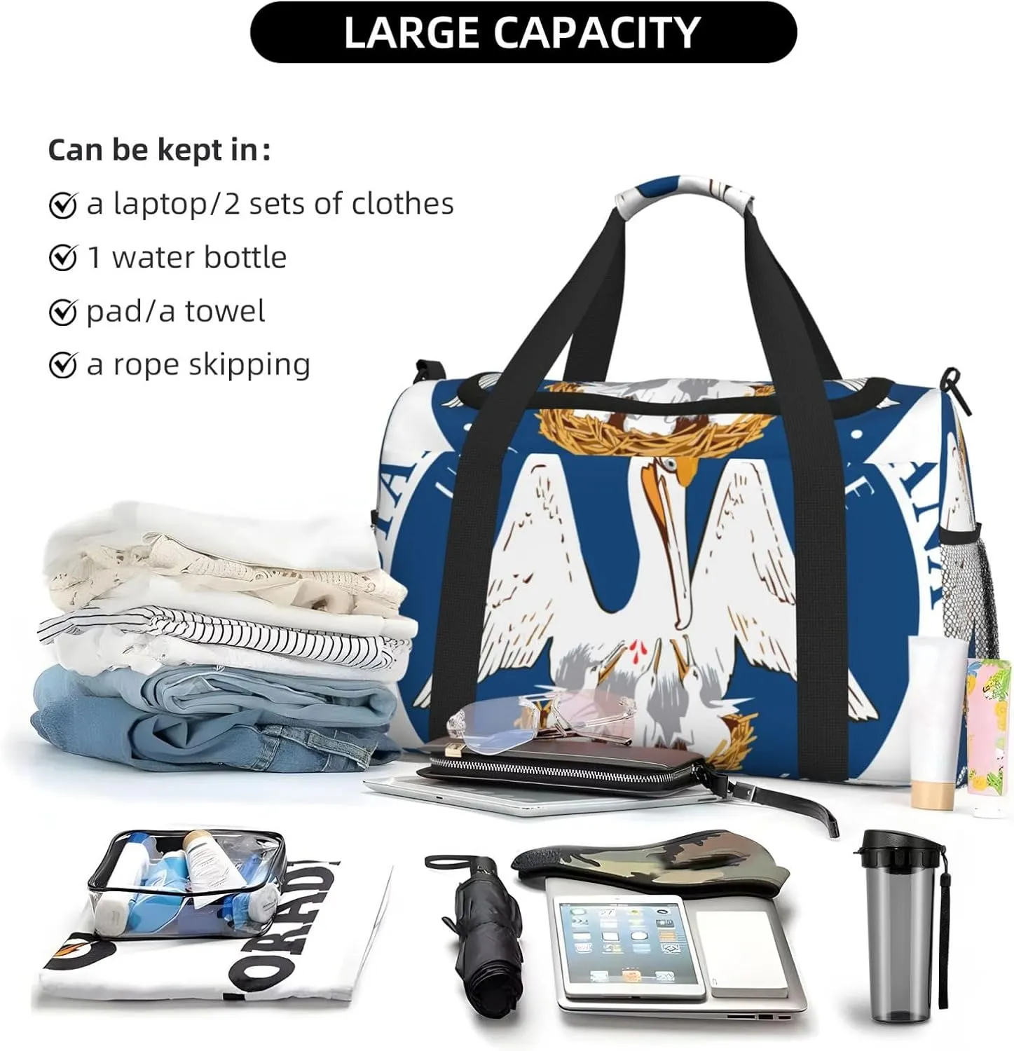 National Emblem Of Louisiana Travel Duffel Bag Large Foldable Waterproof Overnight Bag For Beach Swim Bags Pool Sports Gym