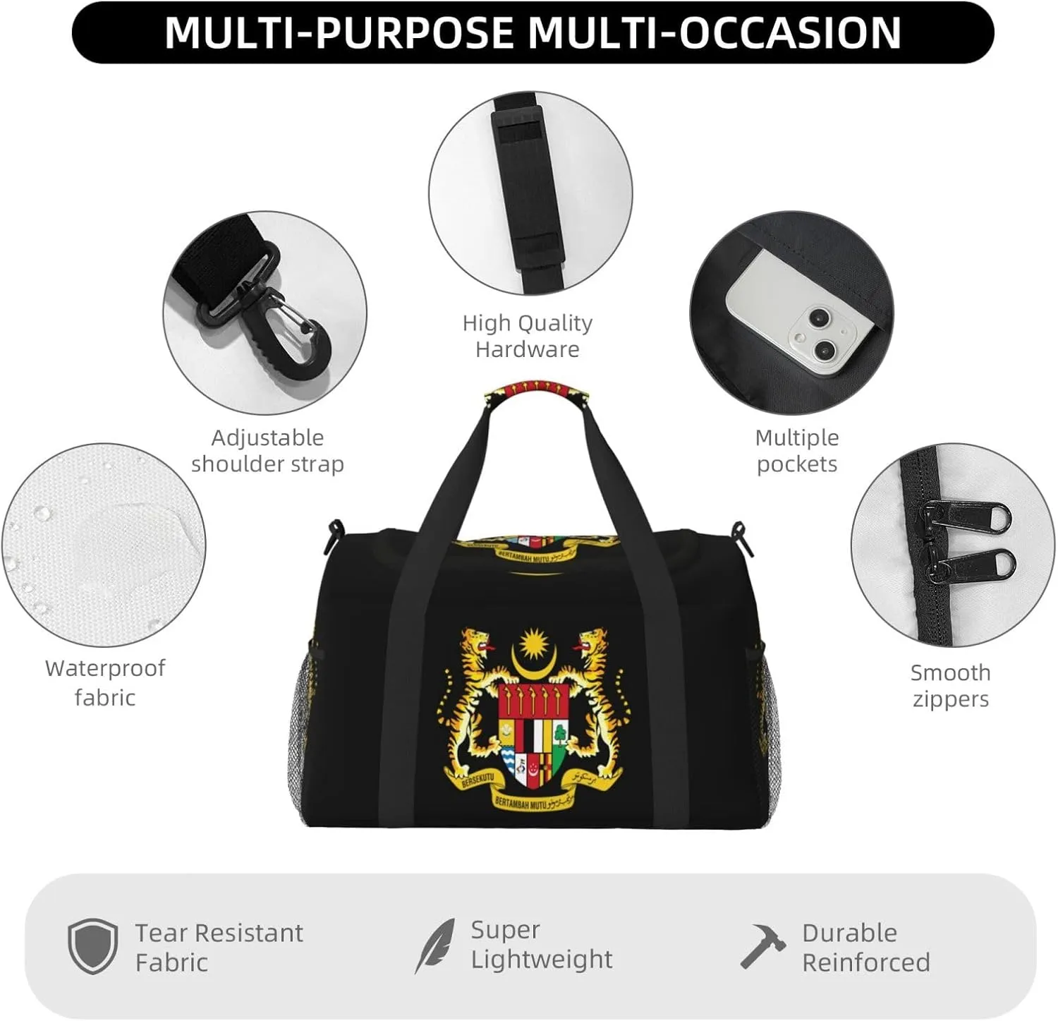 National Emblem Of Malaysia Travel Duffel Bag Large Foldable Waterproof Overnight Bag For Beach Swim Bags Pool Sports Gym