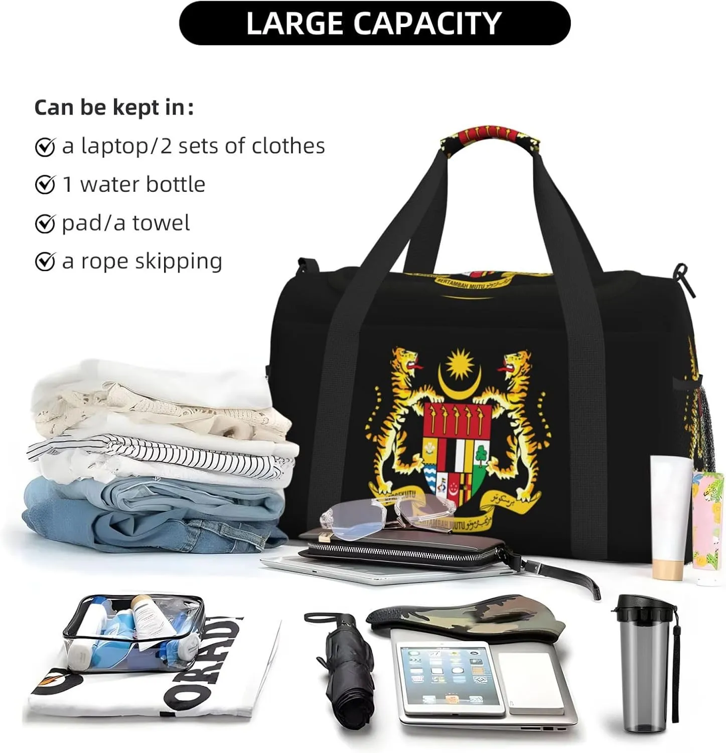 National Emblem Of Malaysia Travel Duffel Bag Large Foldable Waterproof Overnight Bag For Beach Swim Bags Pool Sports Gym