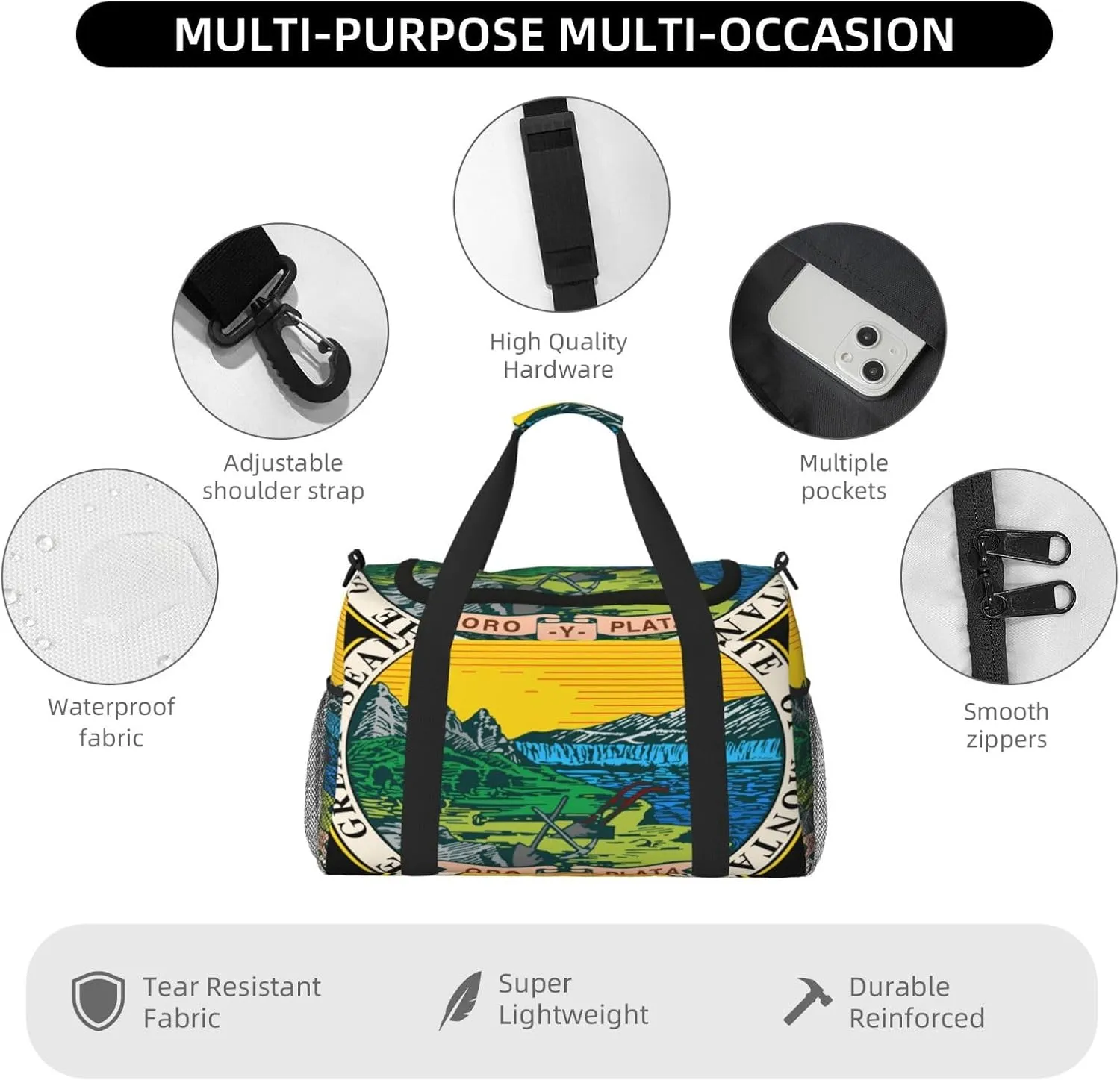 National Emblem Of Montana Travel Duffel Bag Large Foldable Waterproof Overnight Bag For Beach Swim Bags Pool Sports Gym