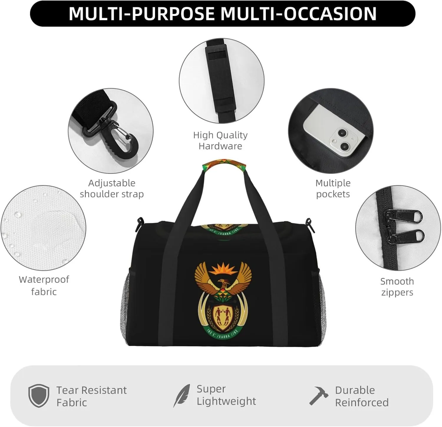 National Emblem Of South Africa Travel Duffel Bag Large Foldable Waterproof Overnight Bag For Beach Swim Bags Pool Sports Gym