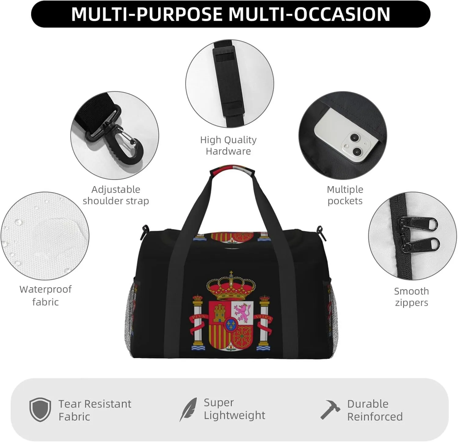 National Emblem Of Spanish Travel Duffel Bag Large Foldable Waterproof Overnight Bag For Beach Swim Bags Pool Sports Gym