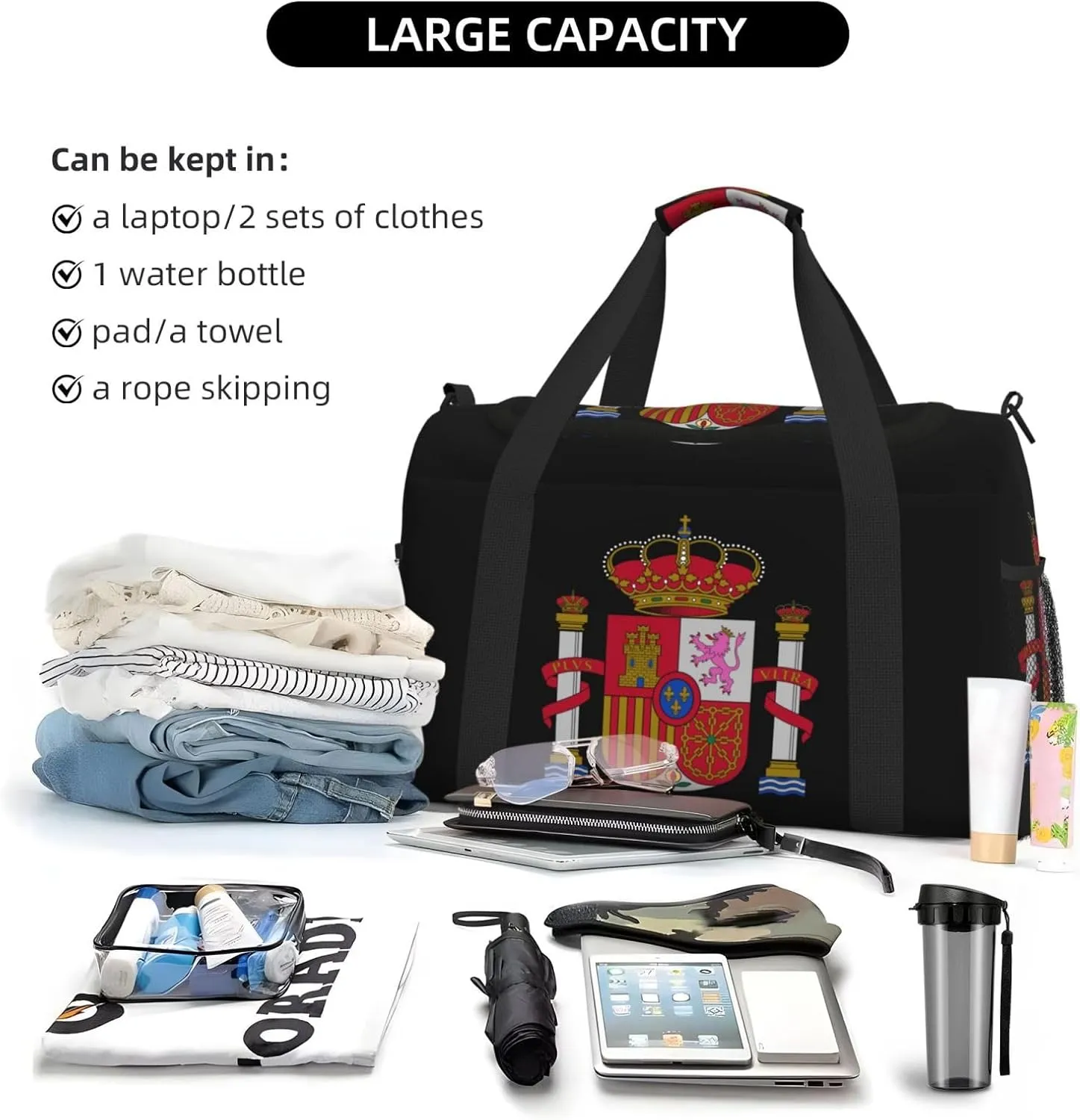 National Emblem Of Spanish Travel Duffel Bag Large Foldable Waterproof Overnight Bag For Beach Swim Bags Pool Sports Gym