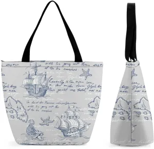 Nautical Sea Map Compass Sailing Ship Large Fashion Totes Bag Women's Casual Purses Work Handbags Shopping Bag