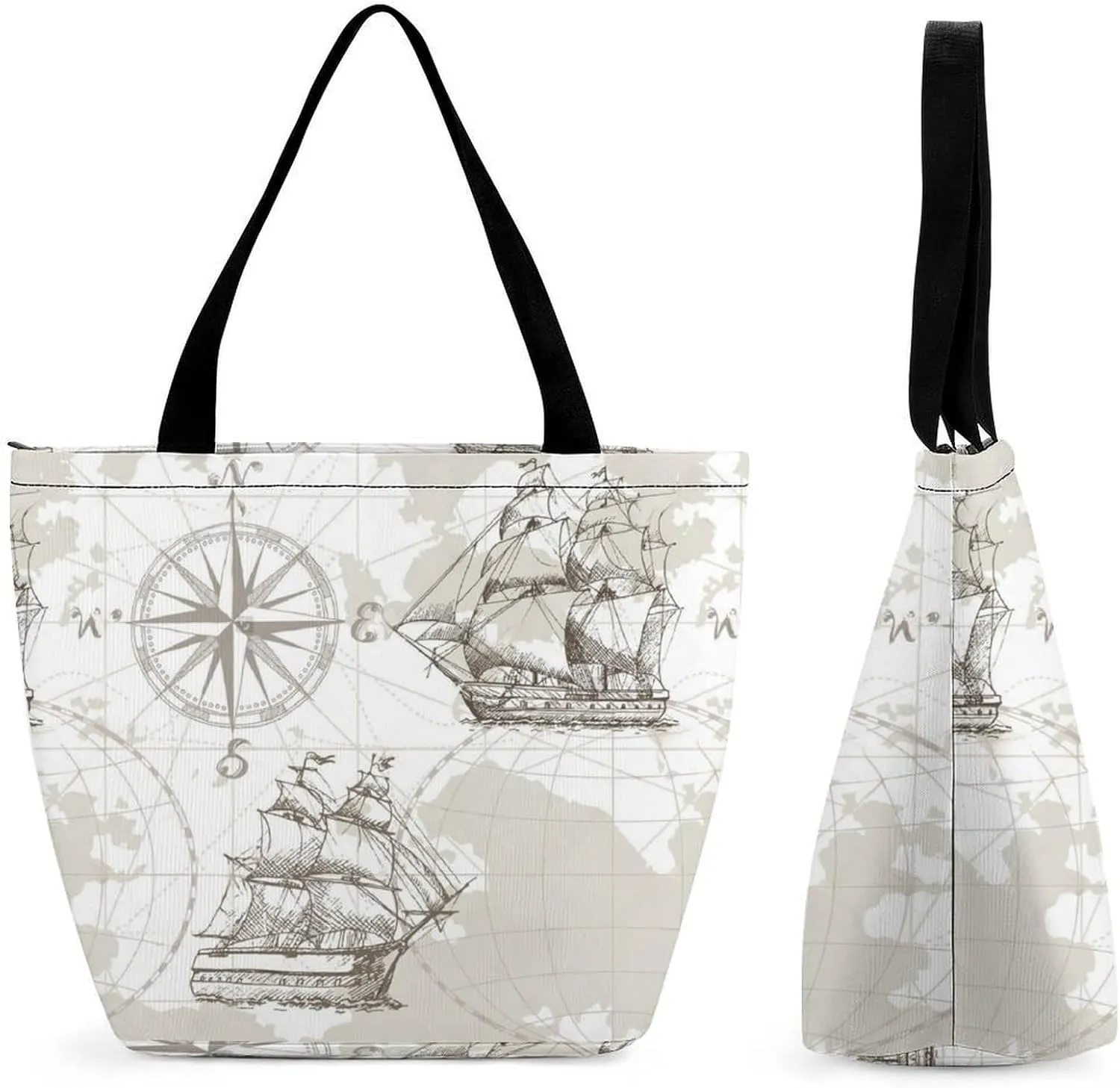 Nautical Sea Map Compass Sailing Ship Large Fashion Totes Bag Women's Casual Purses Work Handbags Shopping Bag