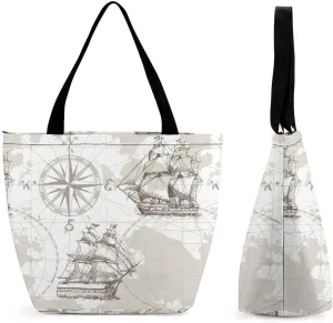 Nautical Sea Map Compass Sailing Ship Large Fashion Totes Bag Women's Casual Purses Work Handbags Shopping Bag