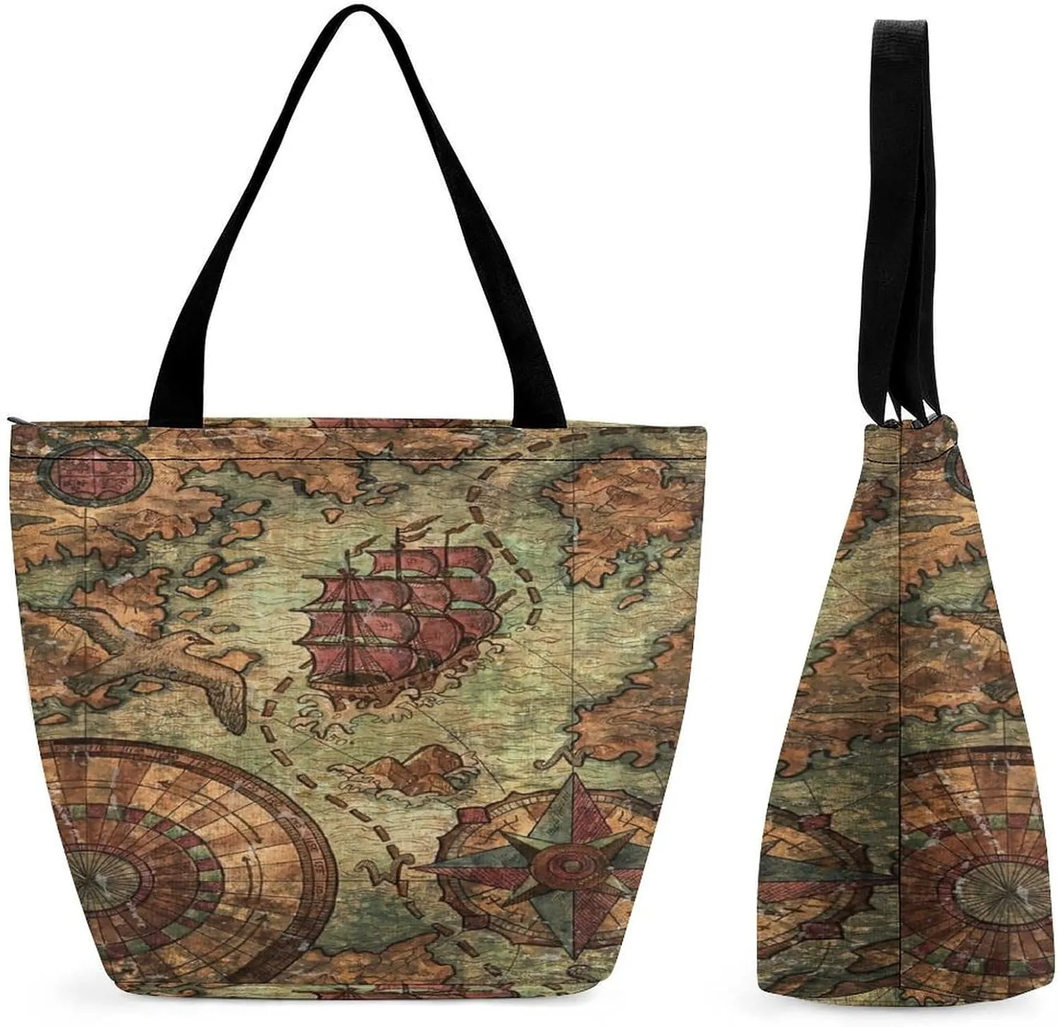 Nautical Sea Map Compass Sailing Ship Large Fashion Totes Bag Women's Casual Purses Work Handbags Shopping Bag