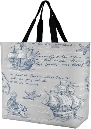 Nautical Sea Map Compass Sailing Ship Large Totes Bag Women's Casual Purses Work Handbags Shopping Bag