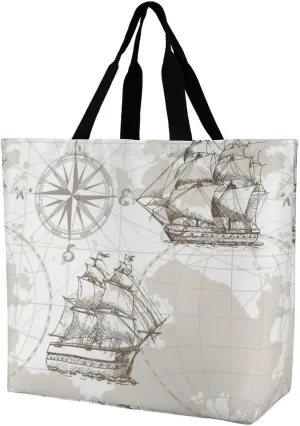 Nautical Sea Map Compass Sailing Ship Large Totes Bag Women's Casual Purses Work Handbags Shopping Bag
