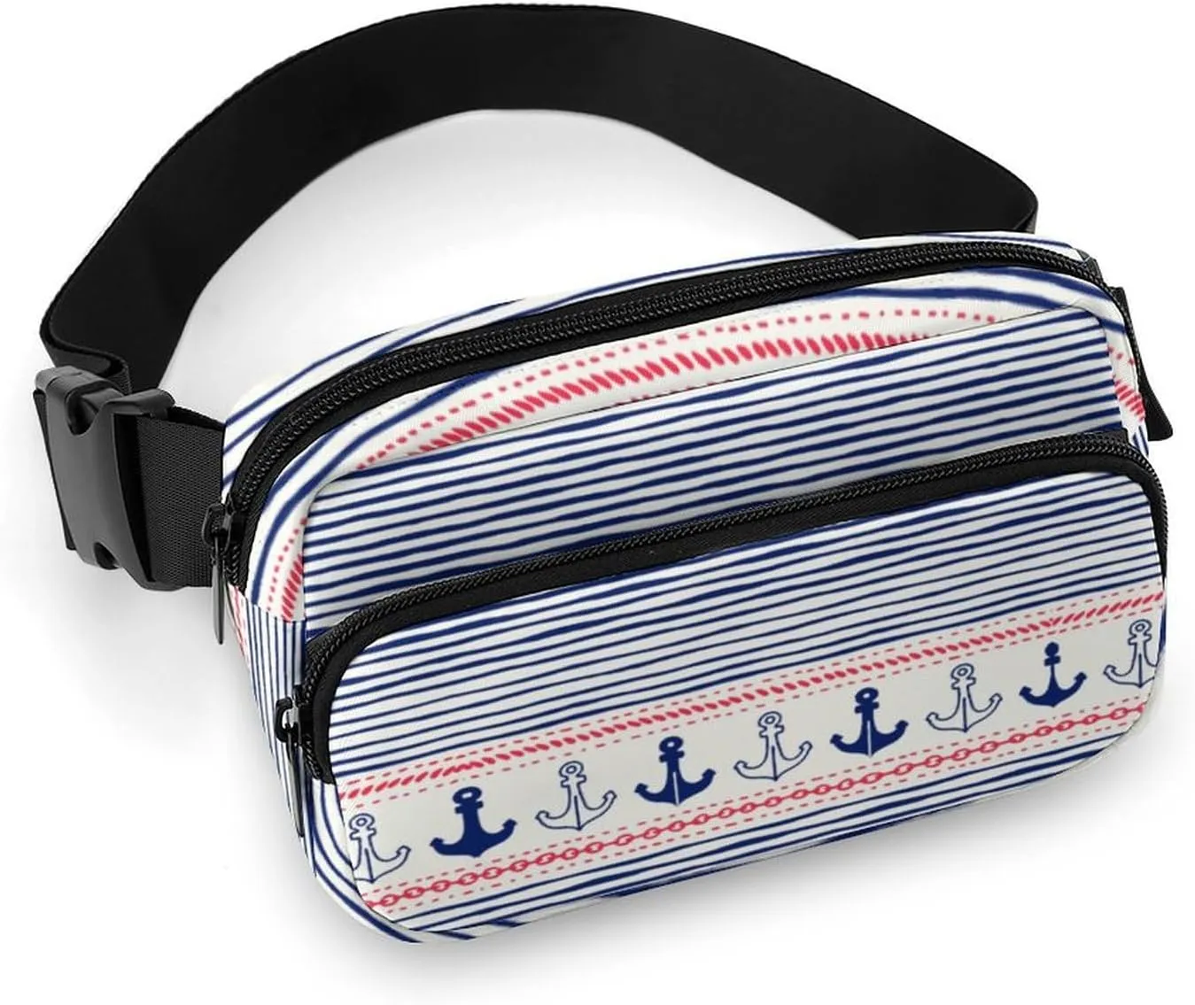 Navy Stripe and Anchors Belt Bag Double Layer Fanny Pack Crossbody Bags Adjustable Bum Bag for Women Men