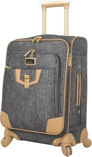 Nicole Miller New York Luggage Collection - Designer Lightweight Softside Expandable Suitcase- 20 Inch Carry On Bag with 4-Rolling Spinner Wheels (Paige Silver)