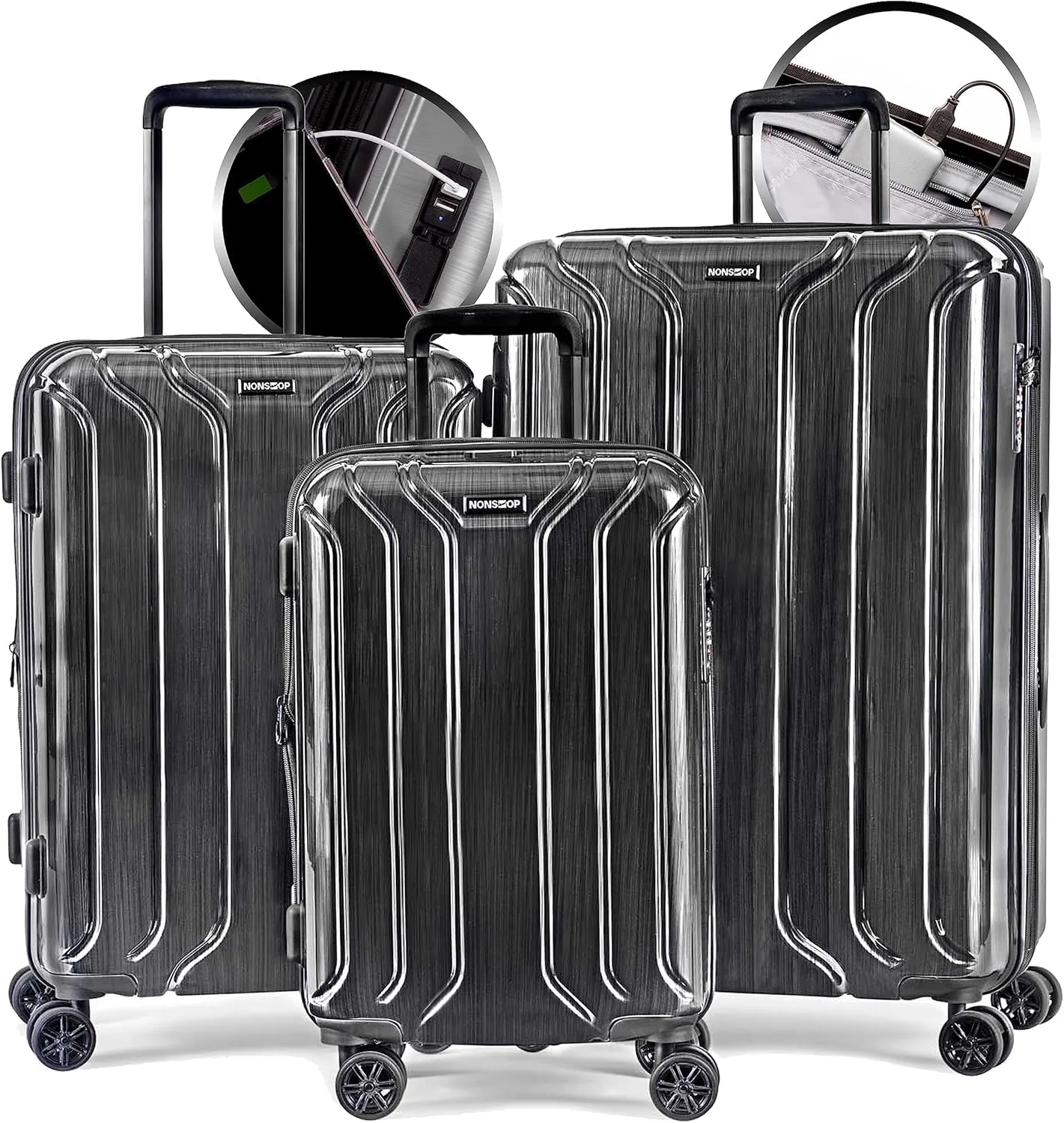 NONSTOP New York Elite Luggage Expandable Lightweight Spinner Wheels hard side shell Travel Suitcase Set, TSA Lock, Double USB Port, 3 packing cubes, Charcoal, 3-piece Set (20/24/28) W/Power Bank