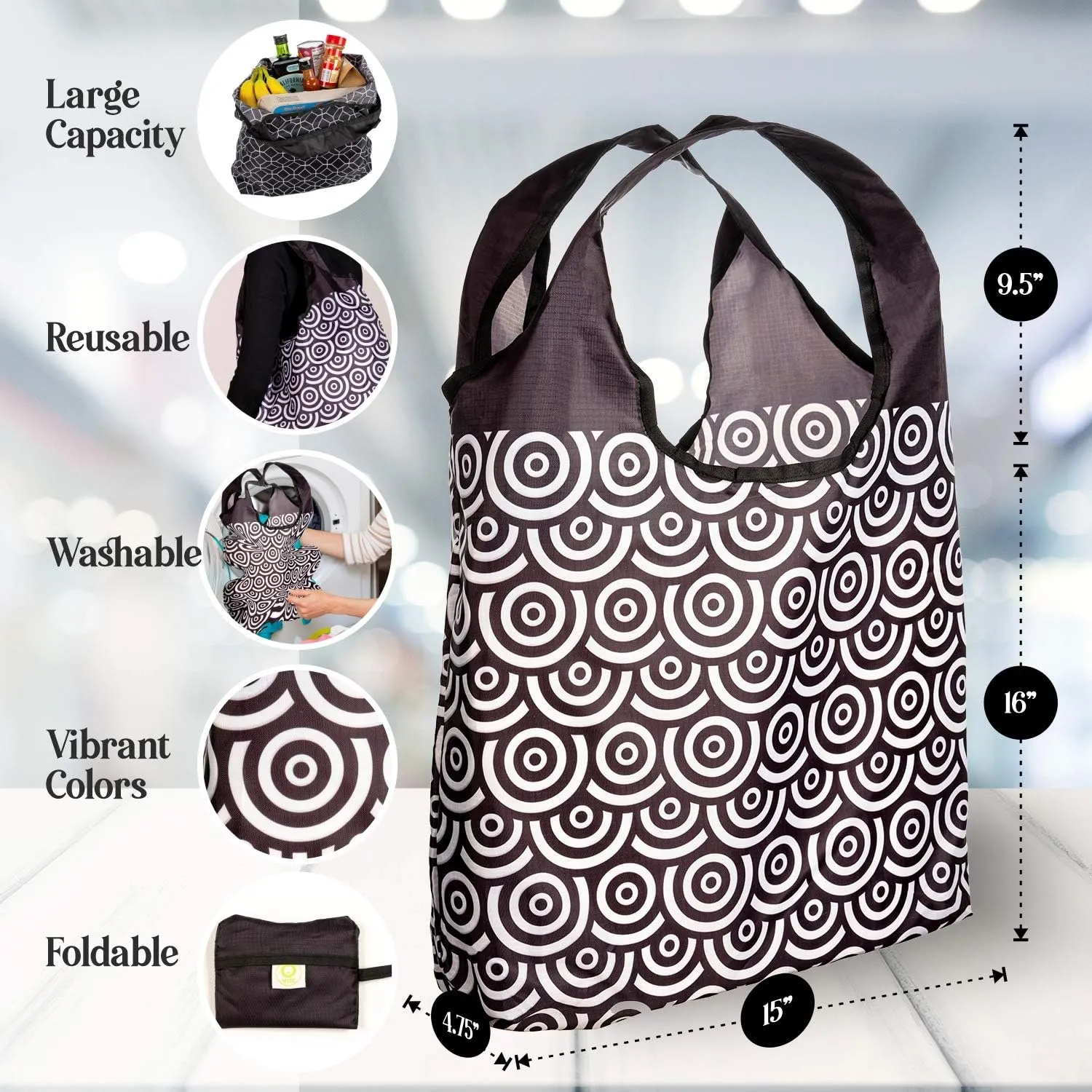 O-WITZ Reusable Grocery Bags | Vibrant Tote Bag For Groceries, Gym, Office, Beach & More | Washable Design With Large Handles For Maximum Convenience | Folds Into Small Pouch, 5 Pack, Black and White
