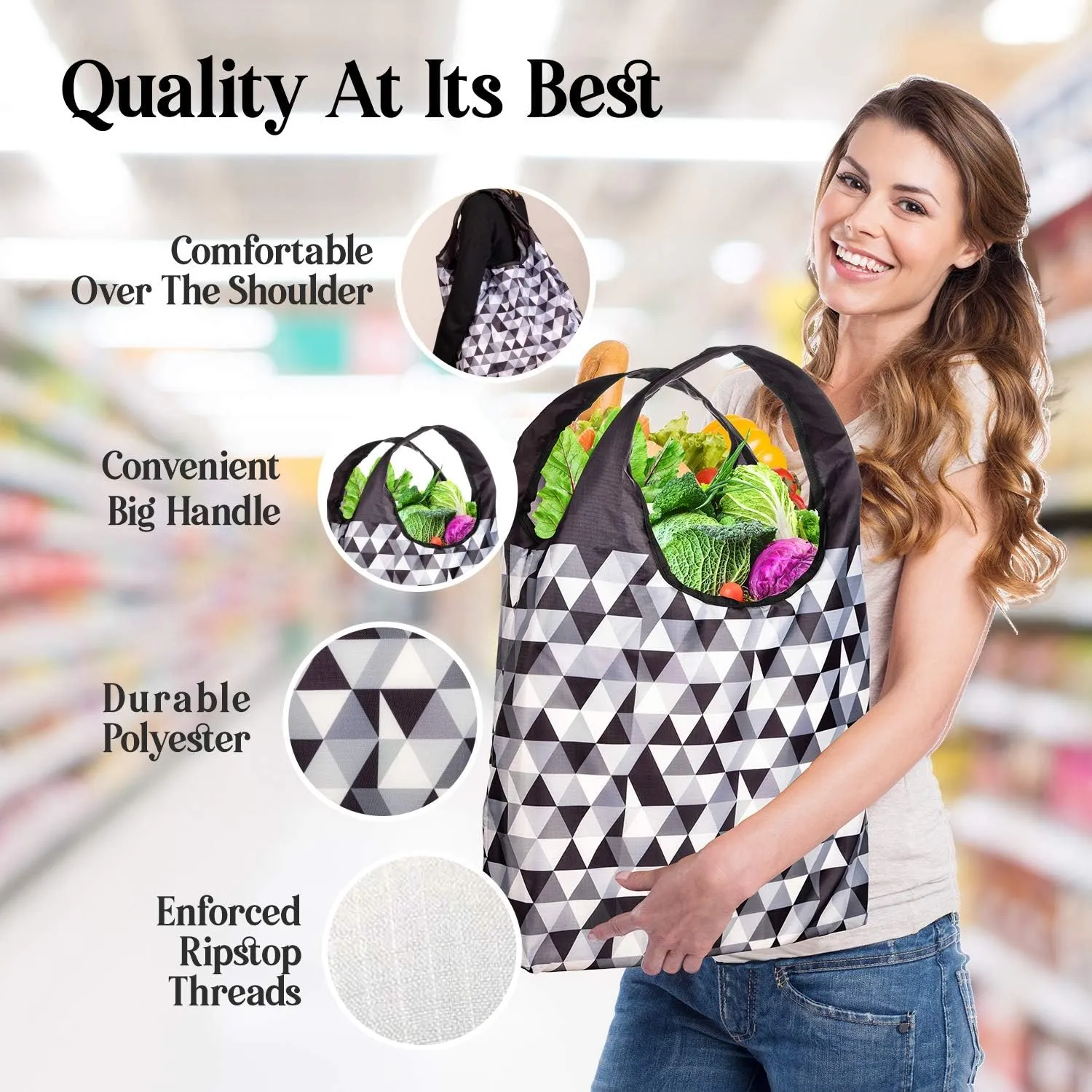 O-WITZ Reusable Grocery Bags | Vibrant Tote Bag For Groceries, Gym, Office, Beach & More | Washable Design With Large Handles For Maximum Convenience | Folds Into Small Pouch, 5 Pack, Black and White