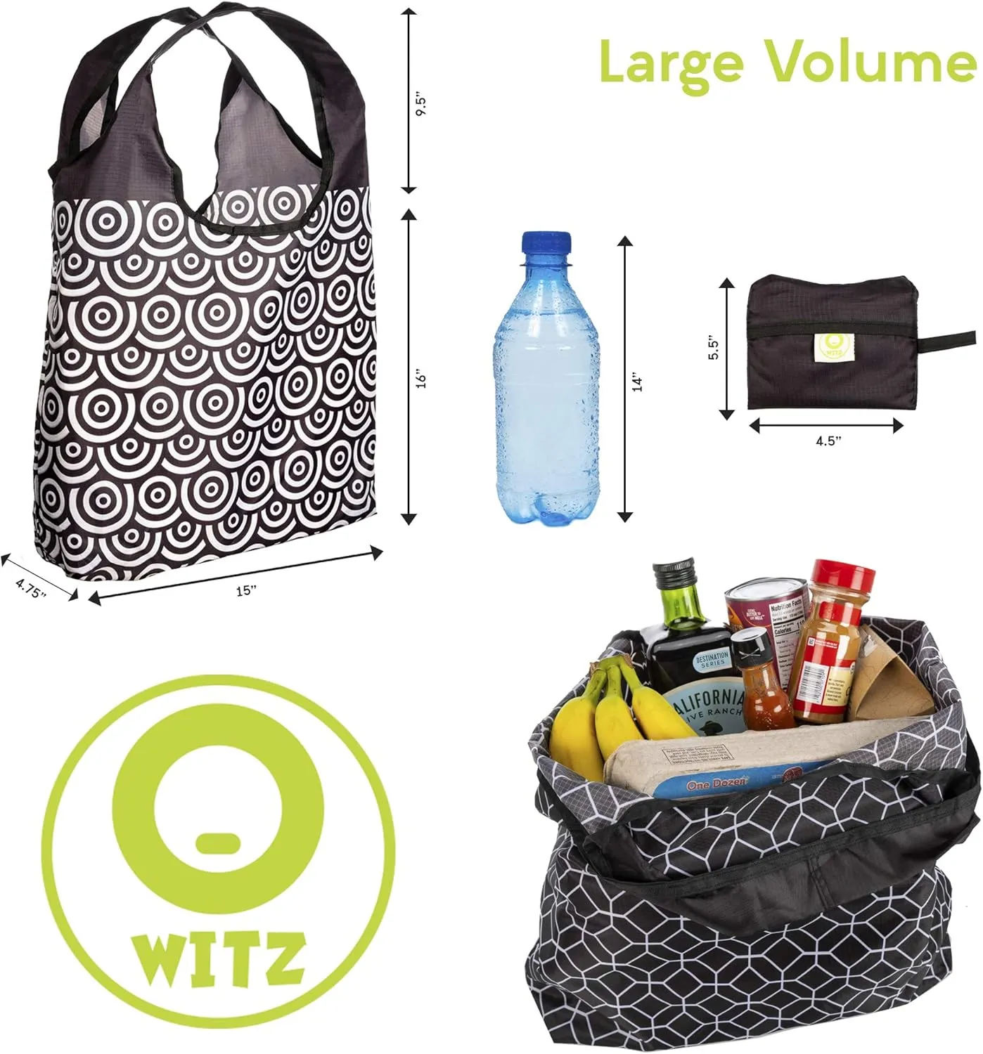 O-WITZ Reusable Grocery Bags | Vibrant Tote Bag For Groceries, Gym, Office, Beach & More | Washable Design With Large Handles For Maximum Convenience | Folds Into Small Pouch, 5 Pack, Black and White