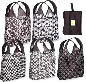 O-WITZ Reusable Grocery Bags | Vibrant Tote Bag For Groceries, Gym, Office, Beach & More | Washable Design With Large Handles For Maximum Convenience | Folds Into Small Pouch, 5 Pack, Black and White