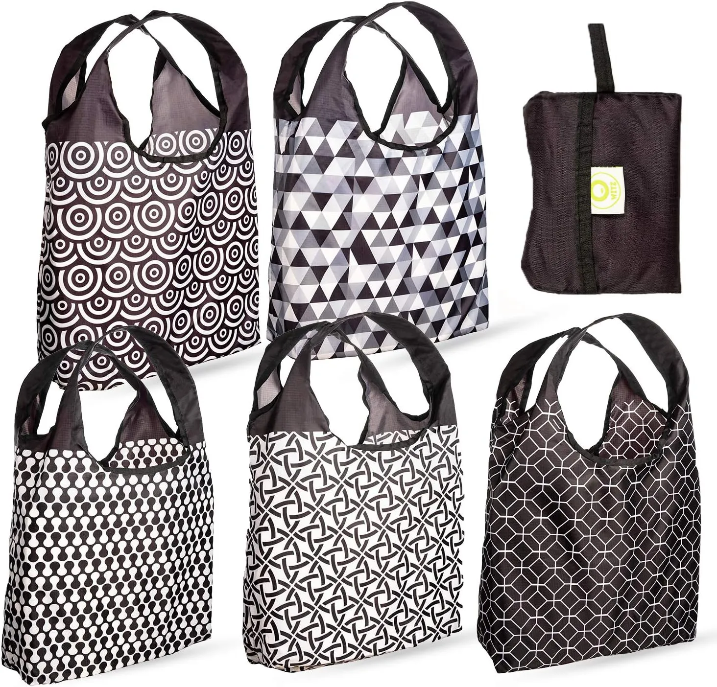 O-WITZ Reusable Grocery Bags | Vibrant Tote Bag For Groceries, Gym, Office, Beach & More | Washable Design With Large Handles For Maximum Convenience | Folds Into Small Pouch, 5 Pack, Black and White