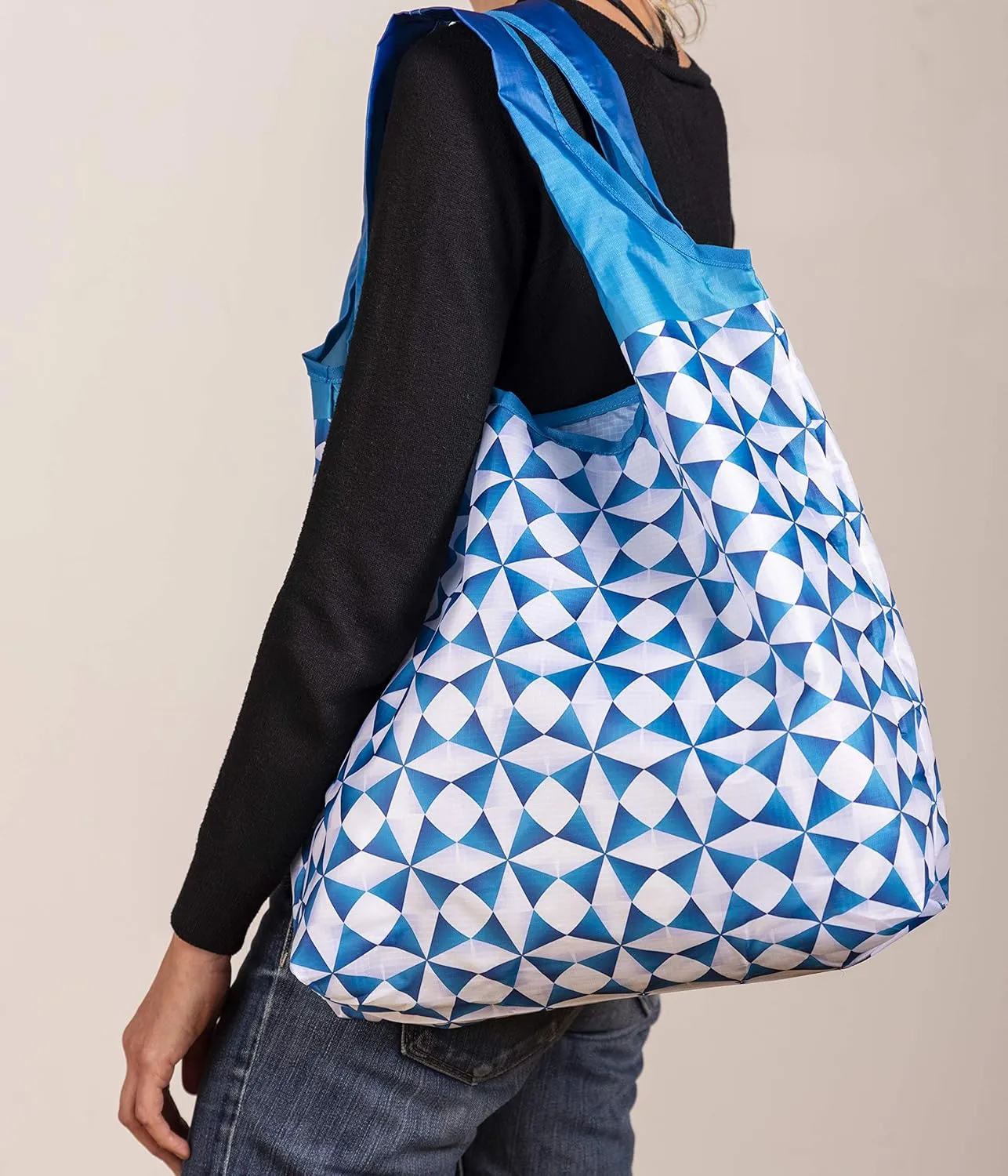 O-WITZ Reusable Grocery Bags | Vibrant Tote Bag For Groceries, Gym, Office, Beach, Toys & More | Washable Design With Large Handles For Maximum Convenience | Folds Into A Small Pouch, 3 pack, Blue