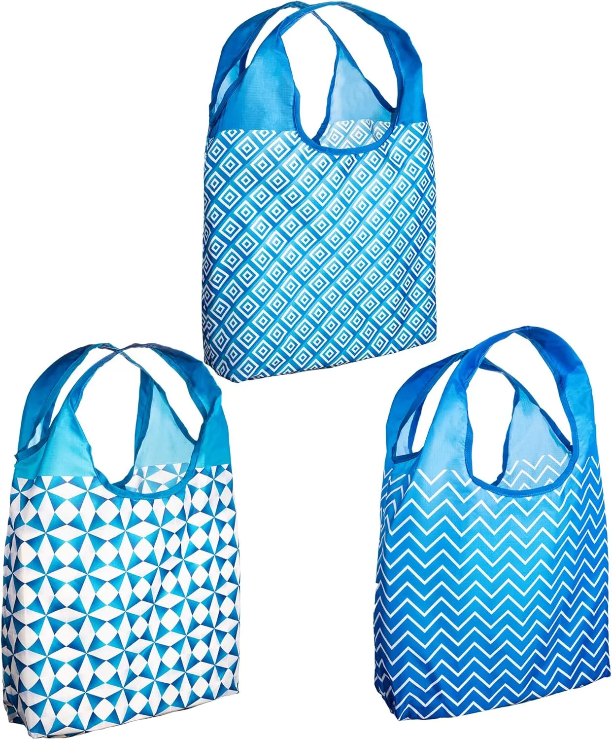 O-WITZ Reusable Grocery Bags | Vibrant Tote Bag For Groceries, Gym, Office, Beach, Toys & More | Washable Design With Large Handles For Maximum Convenience | Folds Into A Small Pouch, 3 pack, Blue
